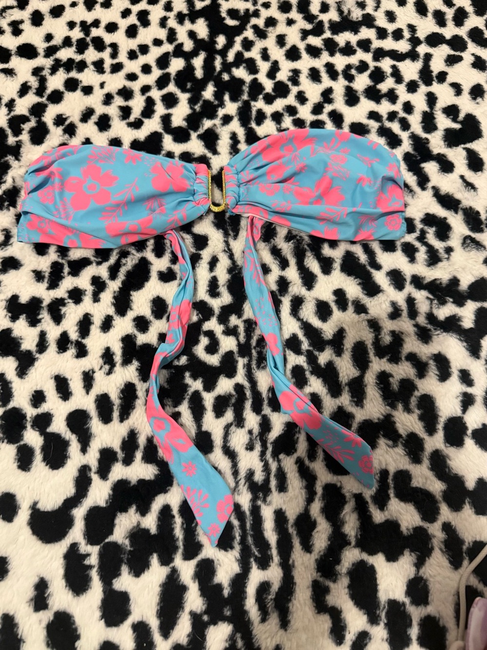 Bandeau Bikini Top with Pink Floral Print on Aqua